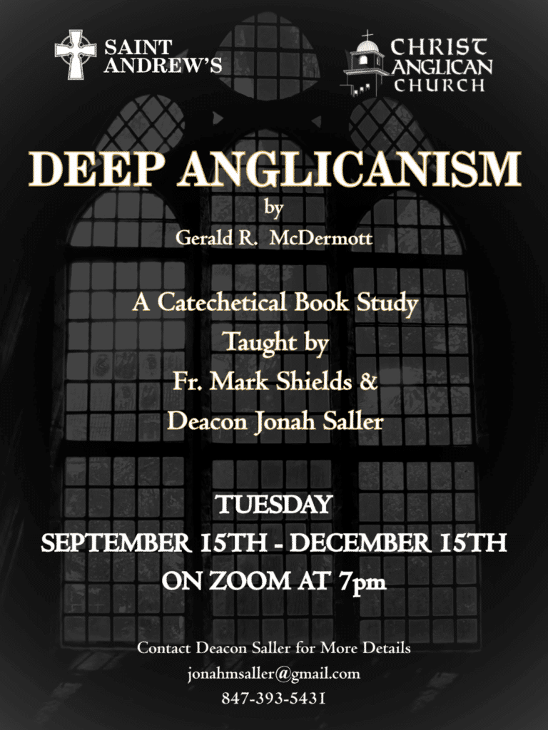 Deep Anglicanism book study flyer with schedule and Zoom details